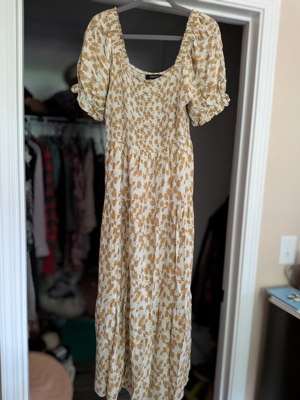 Zesica Smocked Floral Sundress Cream Gold Wedding Party Tiered Cottagecore